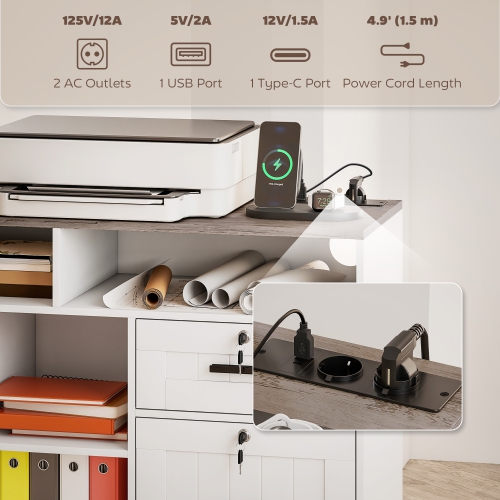 HOMCOM Mobile Filing Cabinet with Charging Station and USB Ports, Printer Stand with Lockable Drawers and Storage Shelves for Home Office, White