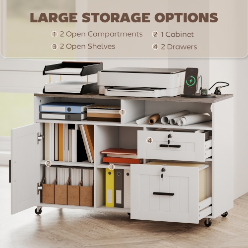 HOMCOM Mobile Filing Cabinet with Charging Station and USB Ports, Printer Stand with Lockable Drawers and Storage Shelves for Home Office, White