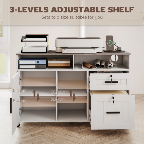 HOMCOM Mobile Filing Cabinet with Charging Station and USB Ports, Printer Stand with Lockable Drawers and Storage Shelves for Home Office, White