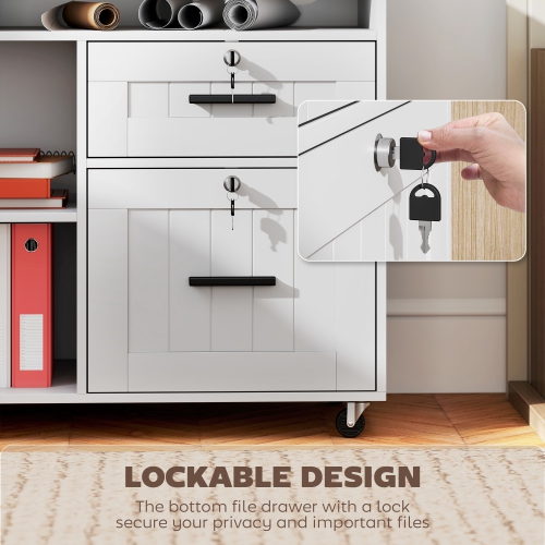 HOMCOM Mobile Filing Cabinet with Charging Station and USB Ports, Printer Stand with Lockable Drawers and Storage Shelves for Home Office, White