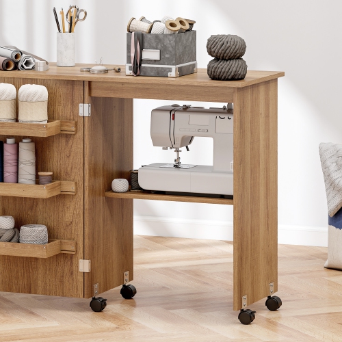 HOMCOM Folding Sewing Table, Rolling Sewing Machine Cabinet, Multipurpose Craft Table with Storage Shelf, Bins and Lockable Wheels for Small Space,