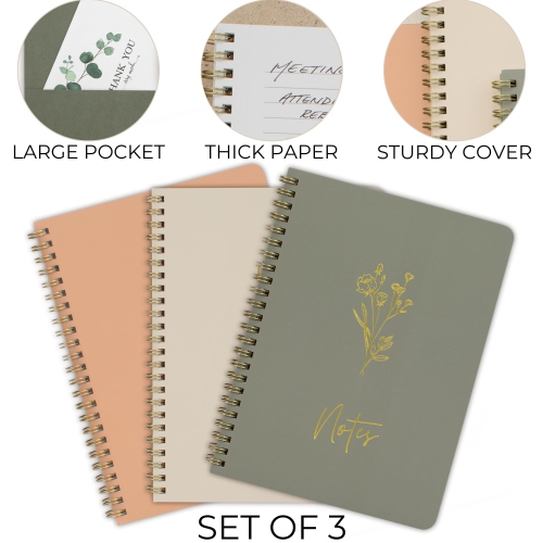 esthetic Spiral Notebook Set of 3 For Women - Cute College Ruled 8x6 Journal/Notebook with Large Pockets And Lined Pages - Perfect Supplies to Stay