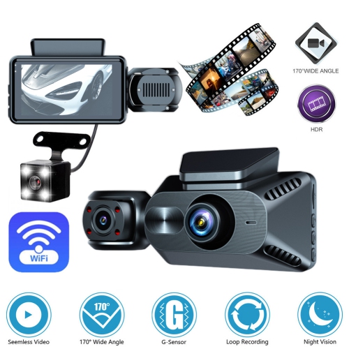 Tri-Record WiFi Dash Cam - 3.0-inch IPS Display, 1080P FHD, G-Sensor, Cycle Recording, Ultra-Wide-Angle Night Vision, Front, Interior, and Rear