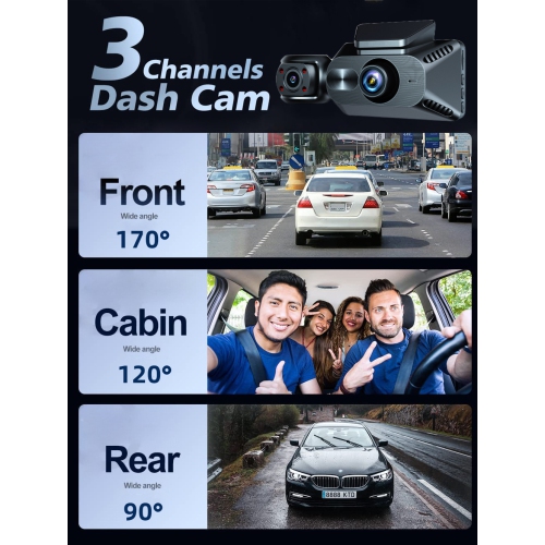 Tri-Record WiFi Dash Cam - 3.0-inch IPS Display, 1080P FHD, G-Sensor, Cycle Recording, Ultra-Wide-Angle Night Vision, Front, Interior, and Rear