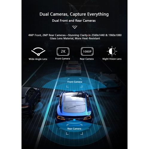 Dual-lens dashcam - 2K front camera + 1080P rear camera, G-Force sensor, mobile Wi-Fi connectivity, enhanced night vision, loop recording, 24-hour