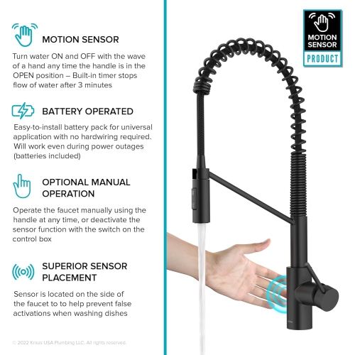 KRAUS Oletto Touchless Sensor Commercial Pull-Down Single Handle Kitchen Faucet with QuickDock Top Mount Assembly in Matte Black, KSF-2631MB