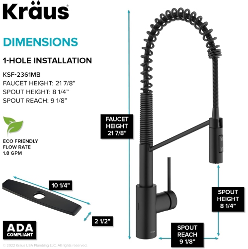 KRAUS Oletto Touchless Sensor Commercial Pull-Down Single Handle Kitchen Faucet with QuickDock Top Mount Assembly in Matte Black, KSF-2631MB