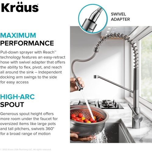 KRAUS Oletto Touchless Sensor Commercial Pull-Down Single Handle Kitchen Faucet with QuickDock Top Mount Assembly in Matte Black, KSF-2631MB