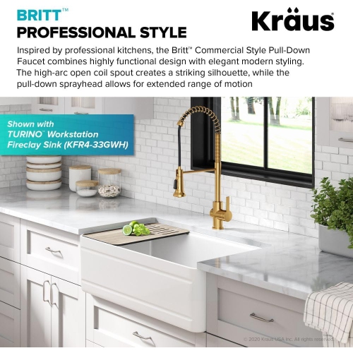 KRAUS Britt 2nd Gen Commercial Style Pull-Down Single Handle Kitchen Faucet in Brushed Brass, KPF-1691BB