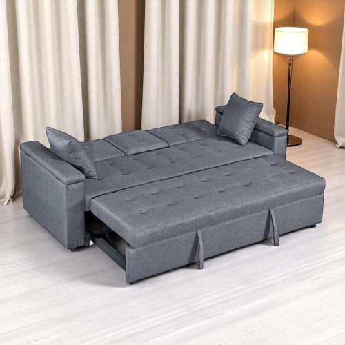 Cosmic Homes Drizzle Light Grey Convertible Sleeper Sofa Bed With Side Arm Rest Storage & Cup Holders