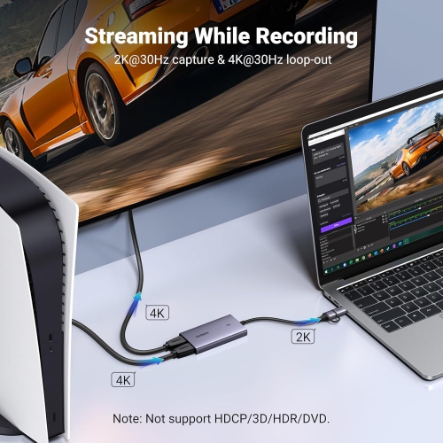 UGREEN 2K@30Hz HDMI Capture Card 4K@30Hz Passthrough Video USB 3.0 Full HD 1080P 60FPS with Low Latency for Streaming Gaming, Recording, Compatible