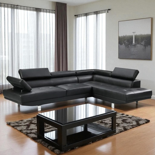 Cosmic Homes Grayson 3-Seater Leather Upholstered Sectional Sofa with RHF Chaise – Black