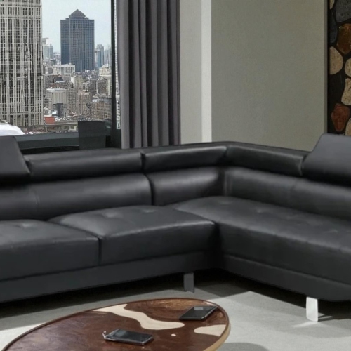 Cosmic Homes Grayson 3-Seater Leather Upholstered Sectional Sofa with RHF Chaise – Black