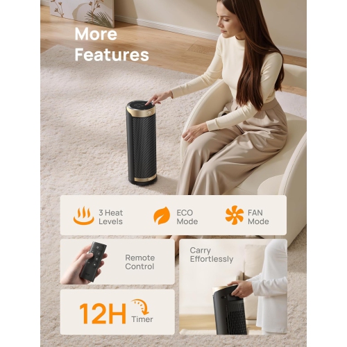 Dreo Space Heater for Indoor Use, 16 inch Portable Electric Heater with Remote for Bedroom, 1500W PTC Ceramic Fast Heating with Thermostat,