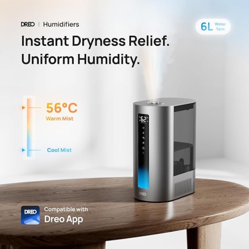 Dreo 6L Smart Humidifiers for Bedroom & Large Room, Baby Humidifier with Cool & Warm Mist, 60H Runtime, Humidity Sensor, Indicator Light, Timer,