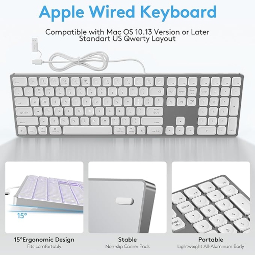 Yivandi Wired Backlit Keyboard for Mac OS -Plug and Play, All-Aluminum USB Keyboard with Numeric Keypad for iMac/Mac Mini or MacBook(Keyboard Riser