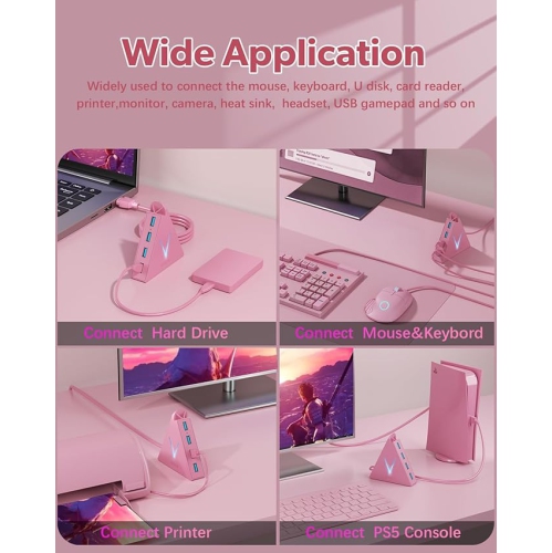 JoyReken 4-Port USB 3.0 Hub, FlyingVHUB Vertical Data USB Hub with 2 ft Extended Cable, for Mac, PC, Xbox One, PS4, PS5, iMac, Surface Pro, XPS,