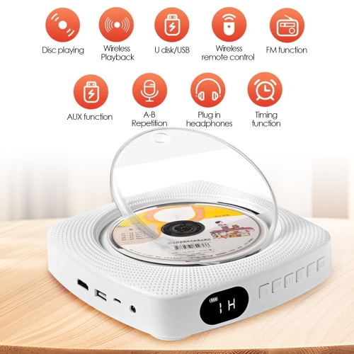 Lecteur CD, haut-parleur haute fidélité Bluetooth, lecteur flash USB, minichaîne audio auxiliaire, radio FM, support mural et de bureau avec
