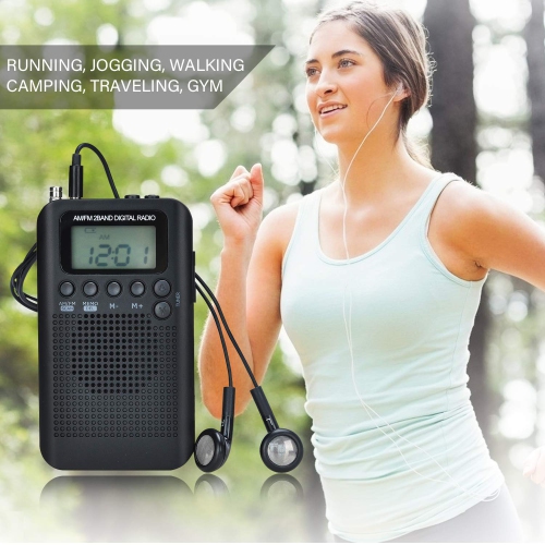 Pocket AM FM Radio Digital Tuning Stereo Personal Radio with Earphone, Alarm Clock and Timer for Walking Running Jogging, Battery AAA Powered