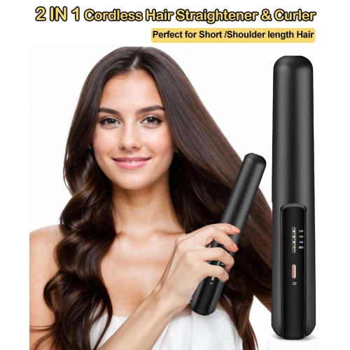 Cordless Hair Straightener and Curler 2 in 1, Portable Flat Iron for Hair, Adjustable Temperature, Mini Flat Iron Travel for Bangs,Short Hair