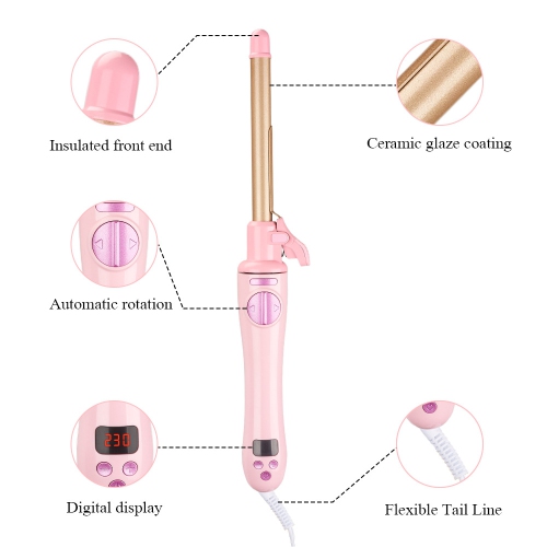 Fer à friser automatique avec affichage numérique, utilisation à sec/humide, rotation automatique - Mini fer à friser en laine avec bangs pour