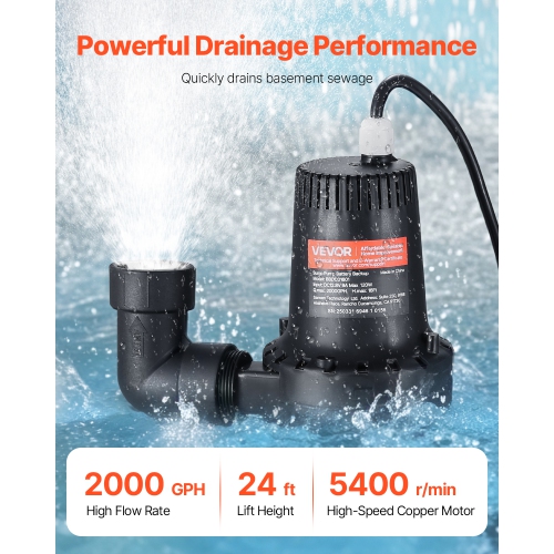 VEVOR 2000GPH Basement Emergency Back-Up Sump Pump, 0.17 HP Backup Sump Pump System, with 15V Adapter, Float Switch, 24-Hour-a-Day Monitoring