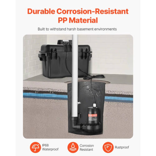 VEVOR 2000GPH Basement Emergency Back-Up Sump Pump, 0.17 HP Backup Sump Pump System, with 15V Adapter, Float Switch, 24-Hour-a-Day Monitoring