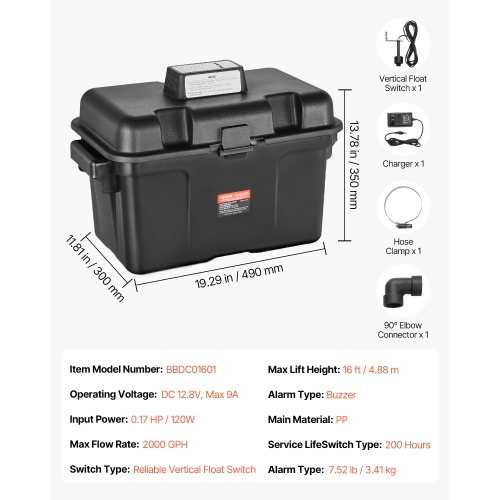 VEVOR 2000GPH Basement Emergency Back-Up Sump Pump, 0.17 HP Backup Sump Pump System, with 15V Adapter, Float Switch, 24-Hour-a-Day Monitoring