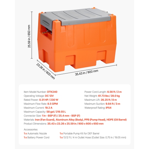 VEVOR 12V DEF Transfer Pump Kit, 8.5 GPM, Diaphragm Irrigation Self Priming Electric Water Pump, with 58 Gallon Tank, Automatic Nozzle, 13.12 ft
