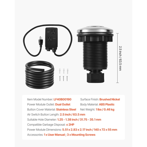 VEVOR Garbage Disposal Air Switch Kit, Dual Outlet Sink Top Air Switch for Food Waste Disposal, 2.5-inch Brushed Nickel Stainless Steel ON/OFF Air