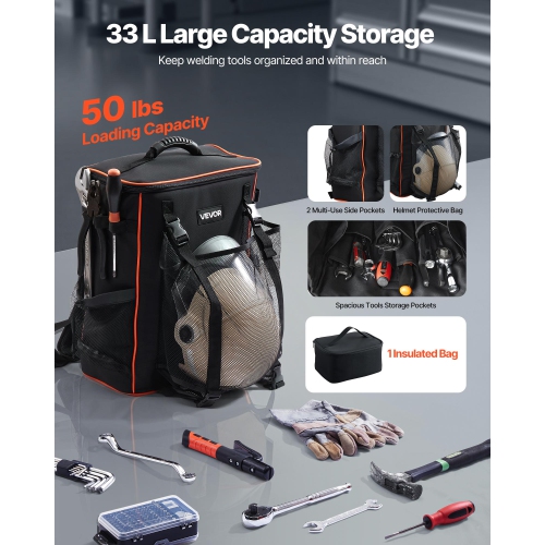 VEVOR 33L Welding Backpack, with Insulated Bag & Helmet Bag, 600D Polyester Extreme Gear Pack for Tools and Helmet, Multi-Purpose Gear Storage Bag