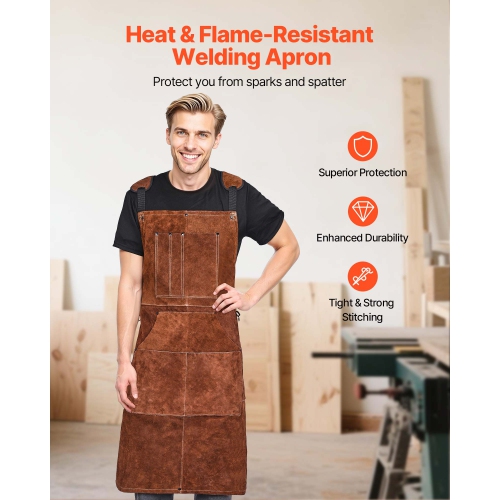VEVOR Leather Welding Work Apron, Heavy Duty Cowhide Flame Resistant Welding Apron, Heat-Resistant Blacksmith Welder Aprons with 6 Tool Pockets for