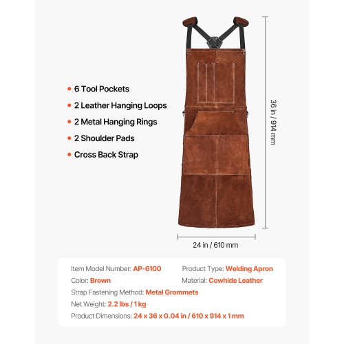 VEVOR Leather Welding Work Apron, Heavy Duty Cowhide Flame Resistant Welding Apron, Heat-Resistant Blacksmith Welder Aprons with 6 Tool Pockets for