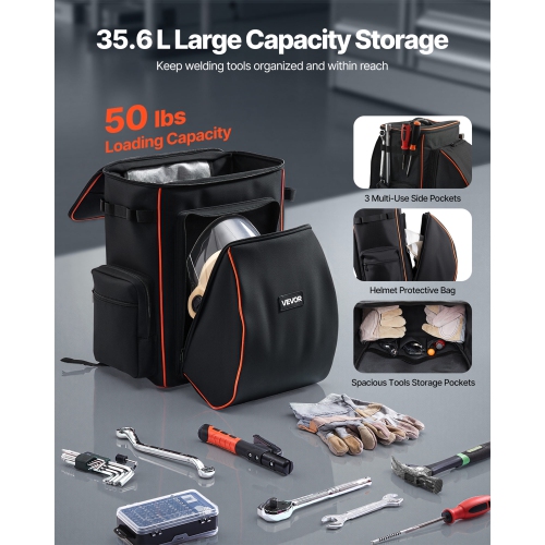 VEVOR 35.6L Welding Backpack, Welder Backpack for Tools and Helmet, 600D Polyester Extreme Gear Pack with Helmet Catch Bag, Multi-Purpose Gear