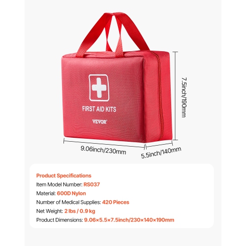 VEVOR 420 Pieces First Aid Kit, 600D Nylon Large Survival First Aid Bag, Emergency Medical Supplies, for Home, Car, Office, Travel, Camping, Truck,