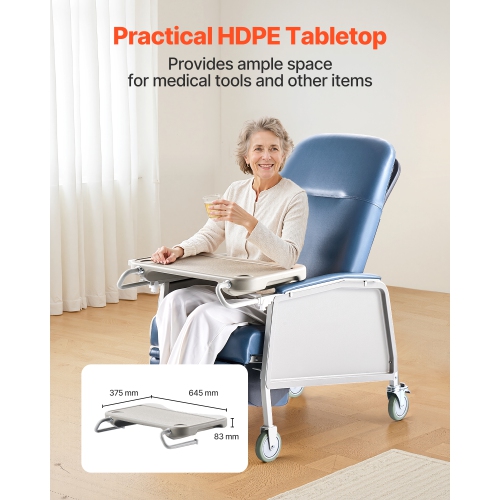 VEVOR 3-Position Geri Chair Recliner, Movable Medical Recliner Chairs with 4 Wheels, Soft Padded Seat & Detachable Tray, Ideal for Hospital, Nursing