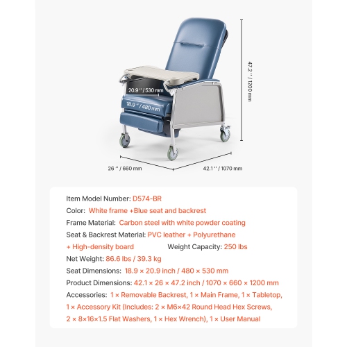 VEVOR 3-Position Geri Chair Recliner, Movable Medical Recliner Chairs with 4 Wheels, Soft Padded Seat & Detachable Tray, Ideal for Hospital, Nursing