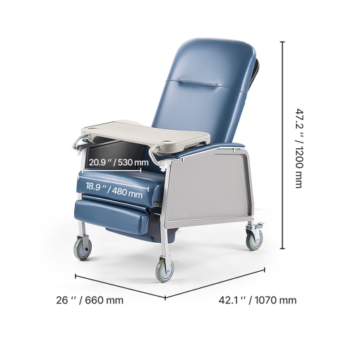 VEVOR 3-Position Geri Chair Recliner, Movable Medical Recliner Chairs with 4 Wheels, Soft Padded Seat & Detachable Tray, Ideal for Hospital, Nursing