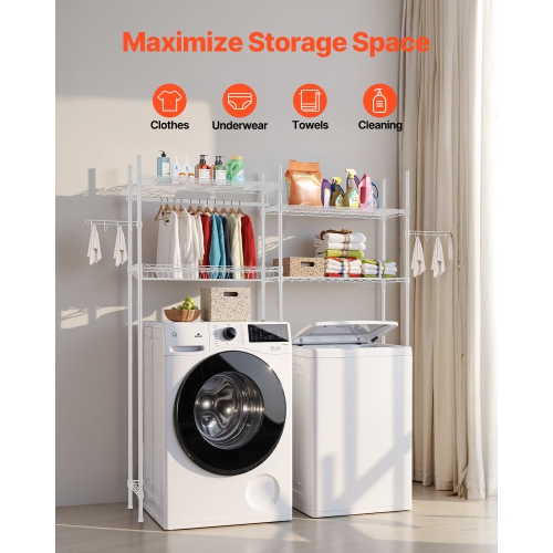 VEVOR 4 Tiers Over Washer and Dryer Storage Shelves, Laundry Room Drying Rack with Hanger Rod and Hooks, Two Rows Adjustable Washer Shelves Space