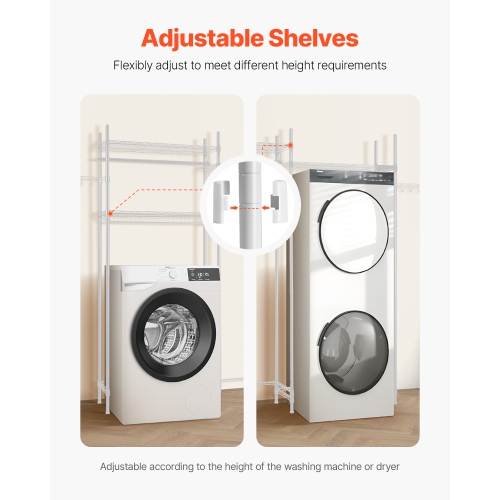 VEVOR 4 Tiers Over Washer and Dryer Storage Shelves, Laundry Room Drying Rack with Hanger Rod and Hooks, Two Rows Adjustable Washer Shelves Space