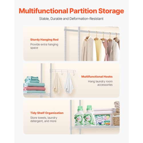 VEVOR 4 Tiers Over Washer and Dryer Storage Shelves, Laundry Room Drying Rack with Hanger Rod and Hooks, Two Rows Adjustable Washer Shelves Space