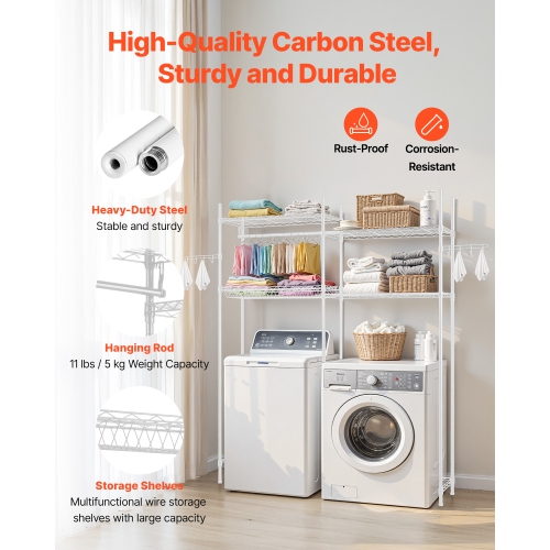 VEVOR 4 Tiers Over Washer and Dryer Storage Shelves, Laundry Room Drying Rack with Hanger Rod and Hooks, Two Rows Adjustable Washer Shelves Space