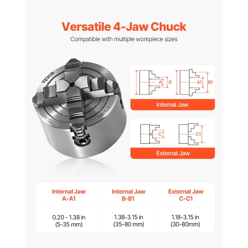 VEVOR 4-Jaw Lathe Chuck, 3 Inch, 4-Jaw Chuck, 0.1-3.15 in (5-80 mm) Clamping Range with T-key Fixing Screws Reversible Jaws,HT300 Material,Internal
