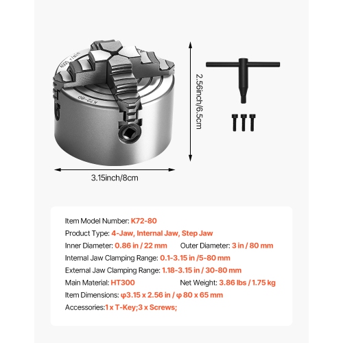 VEVOR 4-Jaw Lathe Chuck, 3 Inch, 4-Jaw Chuck, 0.1-3.15 in (5-80 mm) Clamping Range with T-key Fixing Screws Reversible Jaws,HT300 Material,Internal