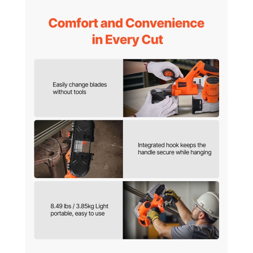 VEVOR 20V Portable Band Saw, 2.56-Inch Deep Cut, 360W Bandsaw with Brushless Motor, Cordless and Compact Portaband, Hang Hooks, 0-192 m/min Variable