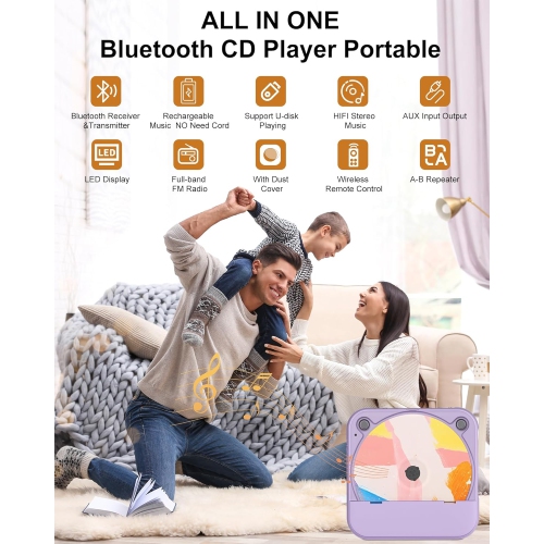 Portable CD Player Bluetooth Rechargeable,Wireless Mini Desktop Music Player with HiFi Speaker,CD Player with Remote Control,Support CD FM Radio USB