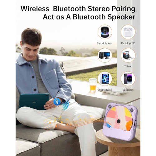 Portable CD Player Bluetooth Rechargeable,Wireless Mini Desktop Music Player with HiFi Speaker,CD Player with Remote Control,Support CD FM Radio USB