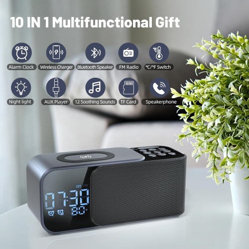Alarm Clock Radio With Wireless Charging Bluetooth Speaker and Digital Alarm Clock with Adjustable LED Night Light Dual Alarm For Bedroom Home Office