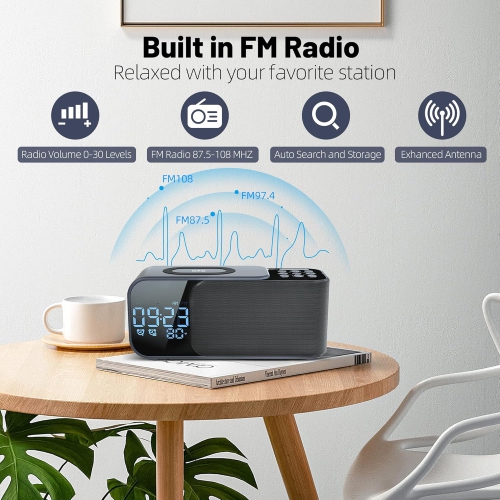 Alarm Clock Radio With Wireless Charging Bluetooth Speaker and Digital Alarm Clock with Adjustable LED Night Light Dual Alarm For Bedroom Home Office