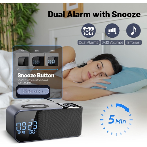 Alarm Clock Radio With Wireless Charging Bluetooth Speaker and Digital Alarm Clock with Adjustable LED Night Light Dual Alarm For Bedroom Home Office